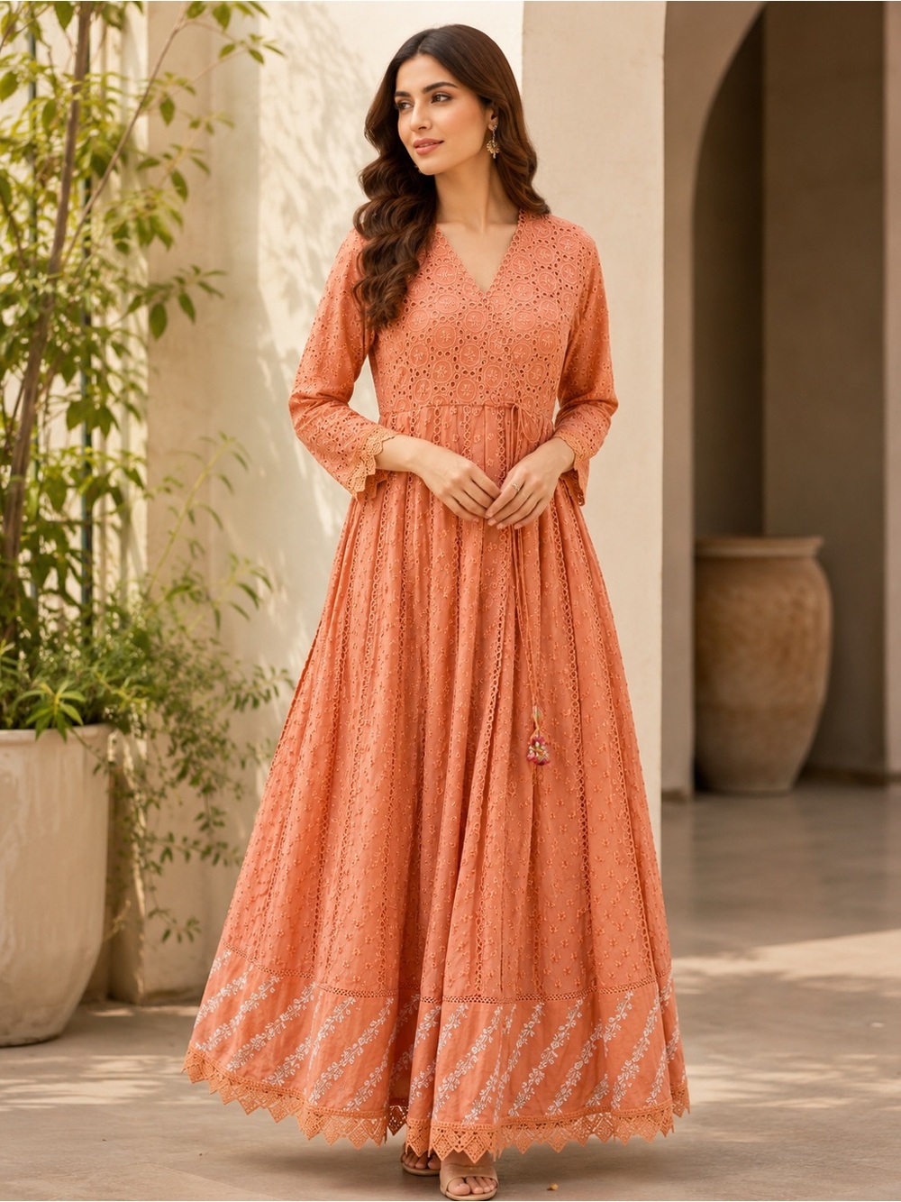 Ansab Jahangir Rust Eyelet Lace Maxi Dress with V-Neck